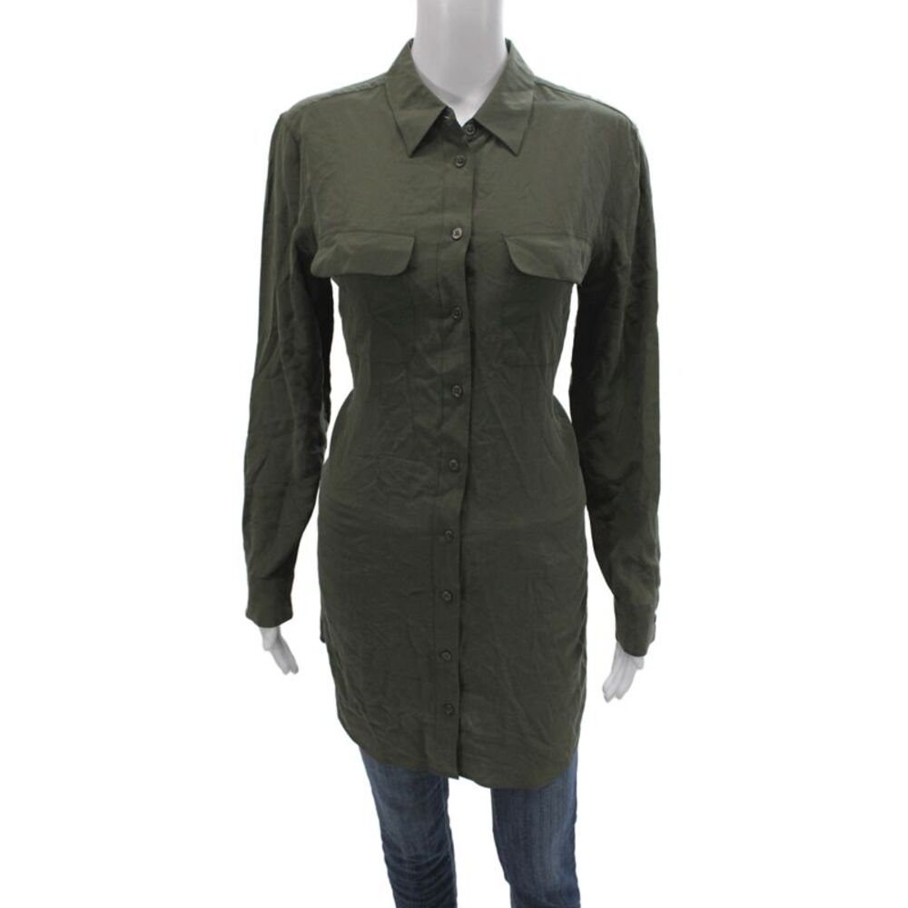 Equipment Femme Womens Silk Green Tunic Button-Up Long Sleeve Size M